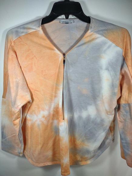 Floral & Ivy Women's Size Large V-Neck 3/4 Zip Top Long Sleeve Gray/Orange - Picture 1 of 4